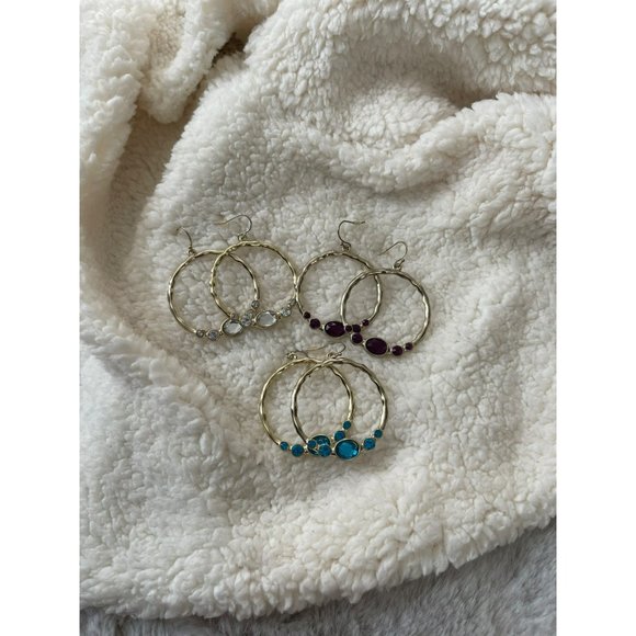 Vintage Gold Tone Faux Gemstone Hoop Dangle Earrings - 3 Pairs - Picture 2 of 8